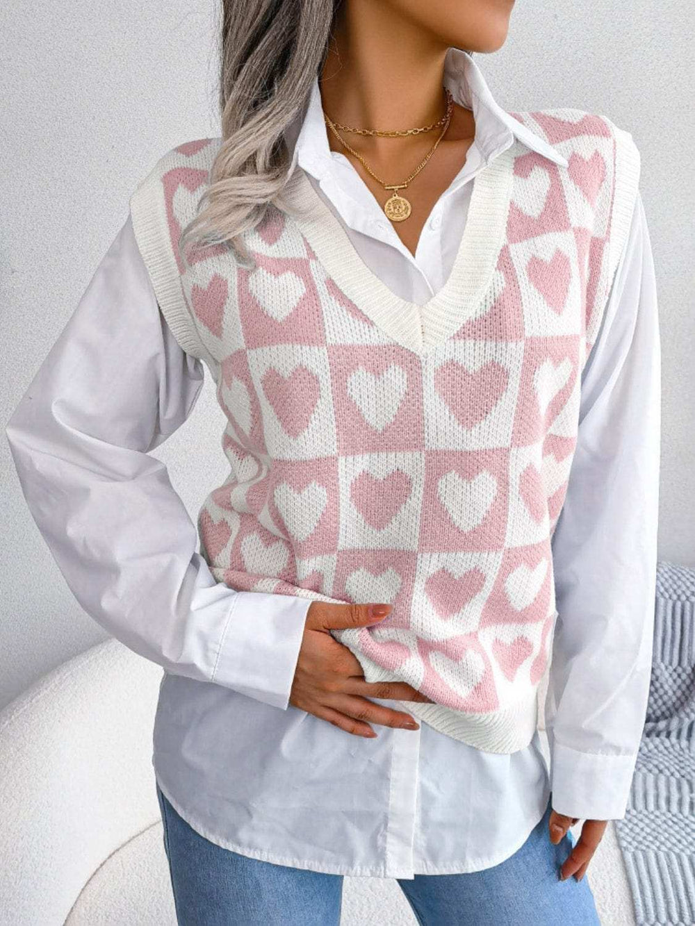 Heart V-Neck Sweater Vest - Trendsi - Flyclothing LLC