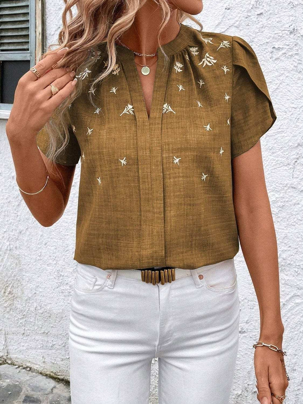 Floral Notched Short Sleeve Blouse - Trendsi - Flyclothing LLC