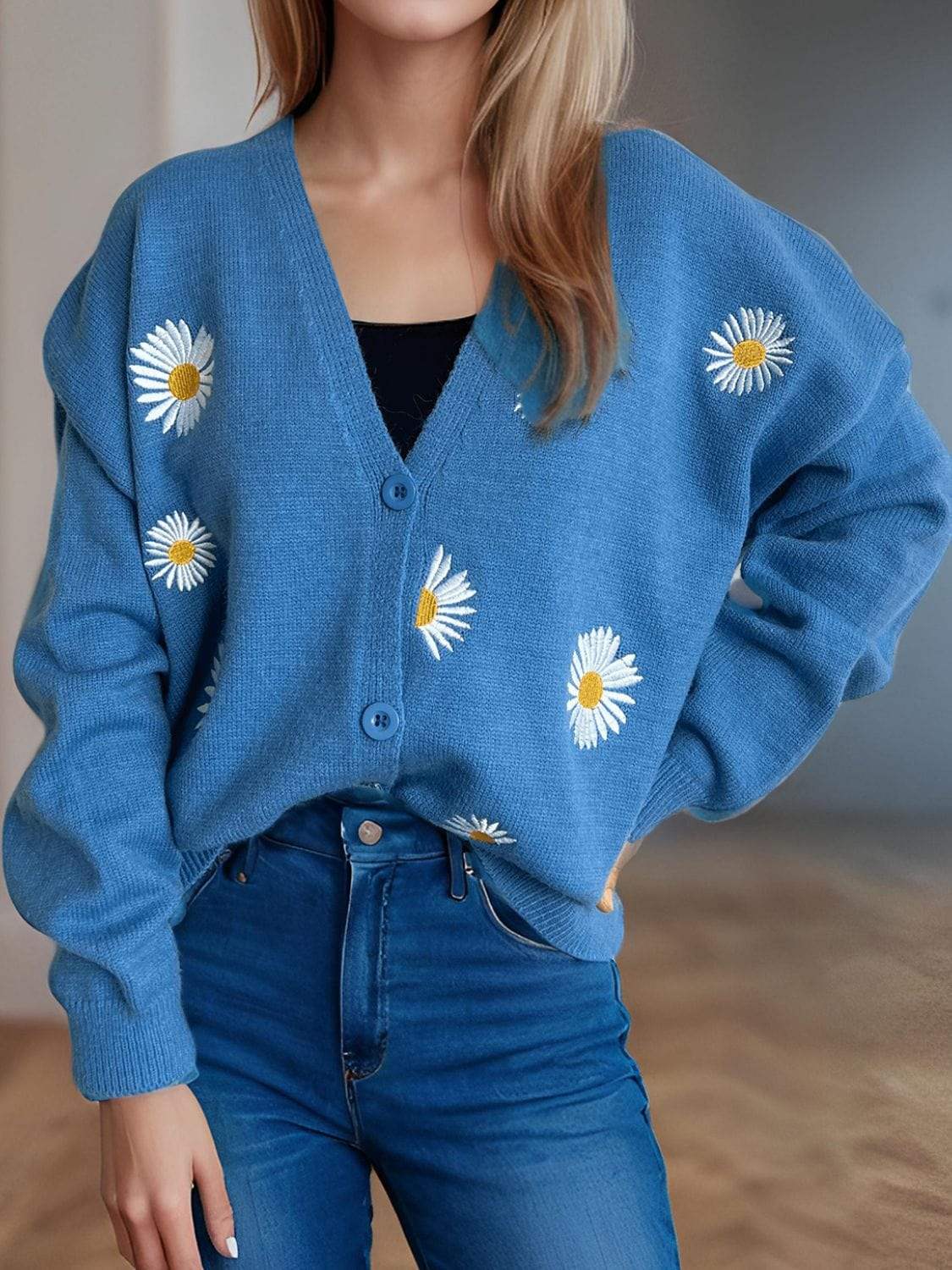 Daisy Button Up V-Neck Cardigan - Trendsi - Flyclothing LLC