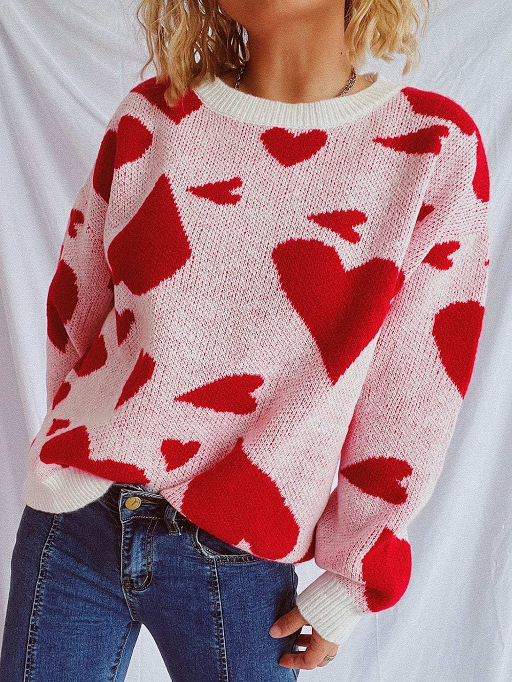 Heart Round Neck Long Sleeve Sweater - Trendsi - Flyclothing LLC