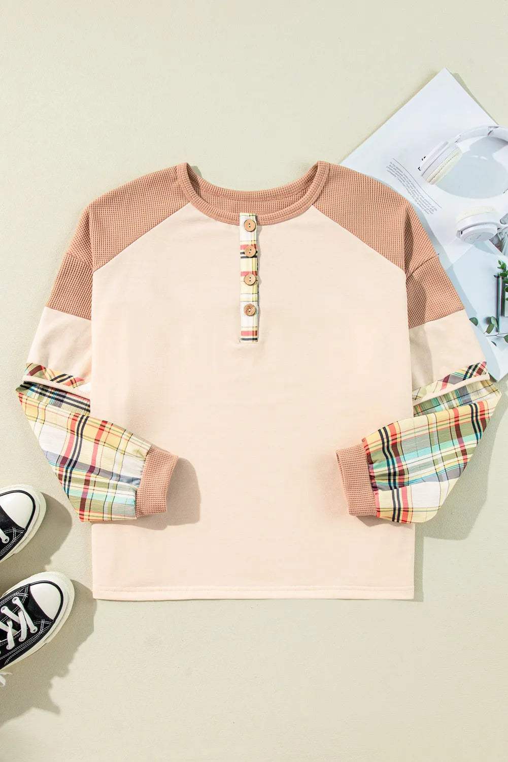 Plus Size Waffle-Knit Detail Plaid Round Neck Top - Trendsi - Flyclothing LLC