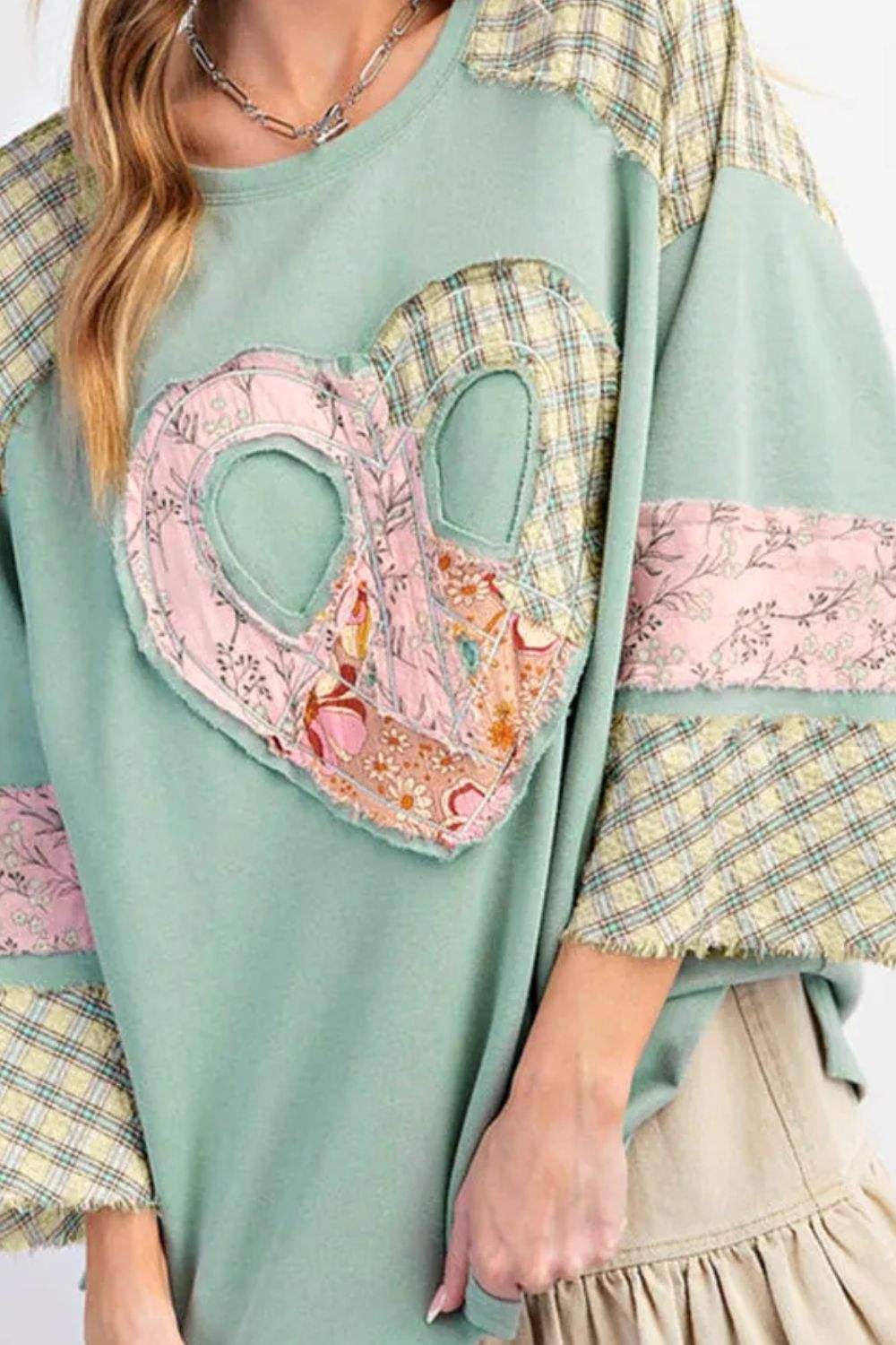 Heart Plaid Round Neck Long Sleeve Blouse - Trendsi - Flyclothing LLC