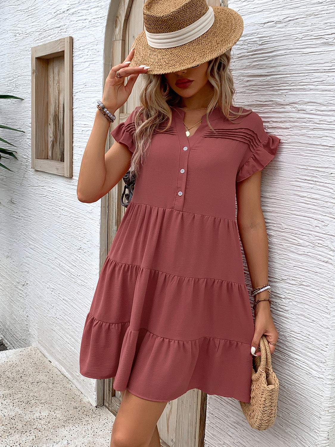 Tiered Notched Flounce Sleeve Mini Dress - Trendsi - Flyclothing LLC