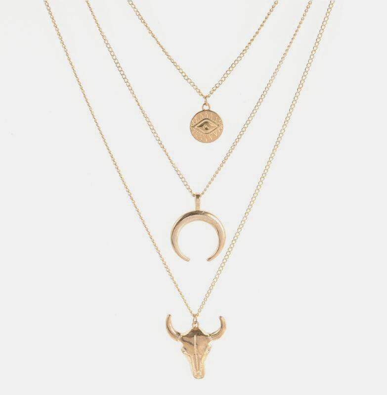 Alloy Three-Layered Bull Head Pendant Necklace - Trendsi - Flyclothing LLC