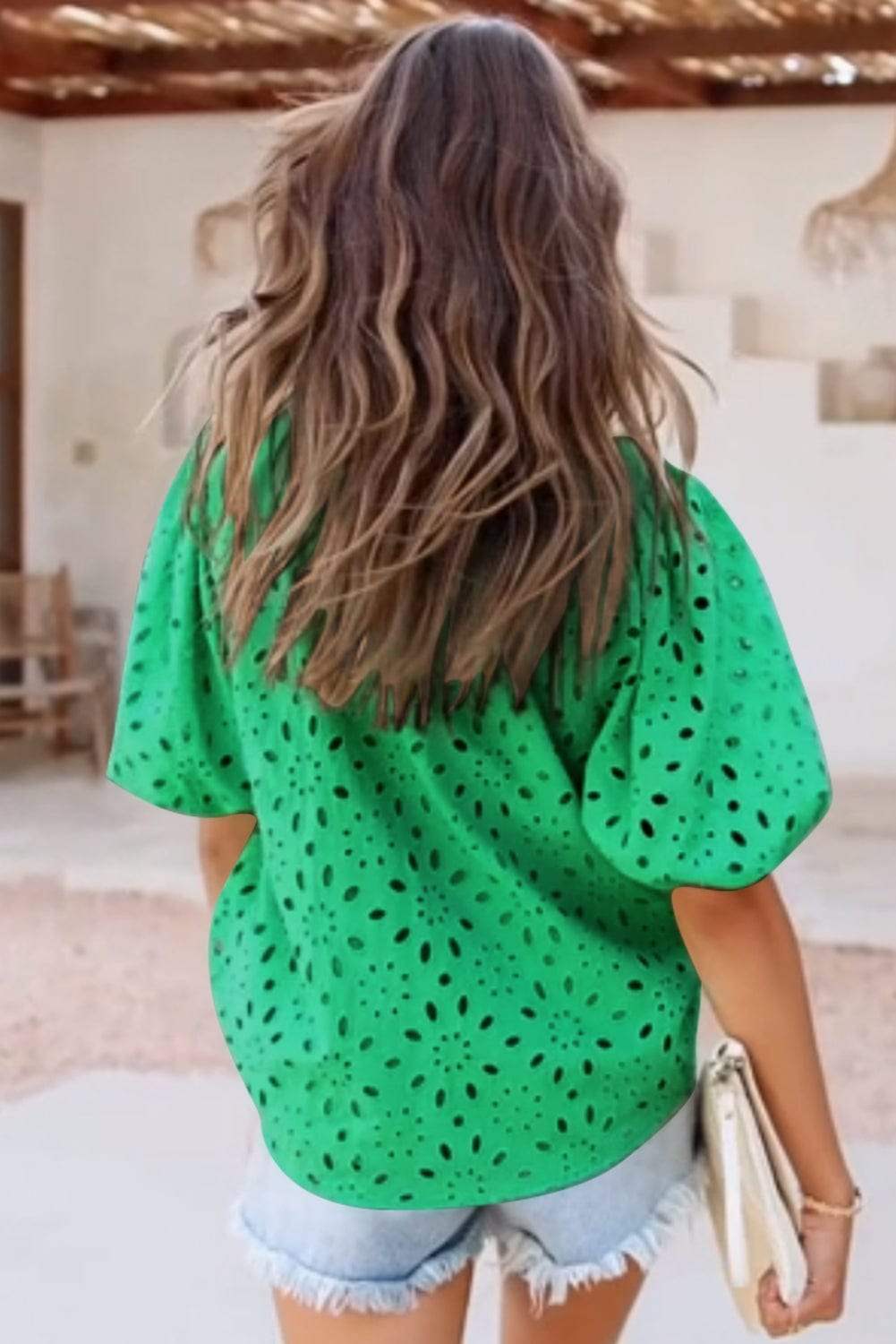 Eyelet Button Up Half Sleeve Blouse - Trendsi - Flyclothing LLC