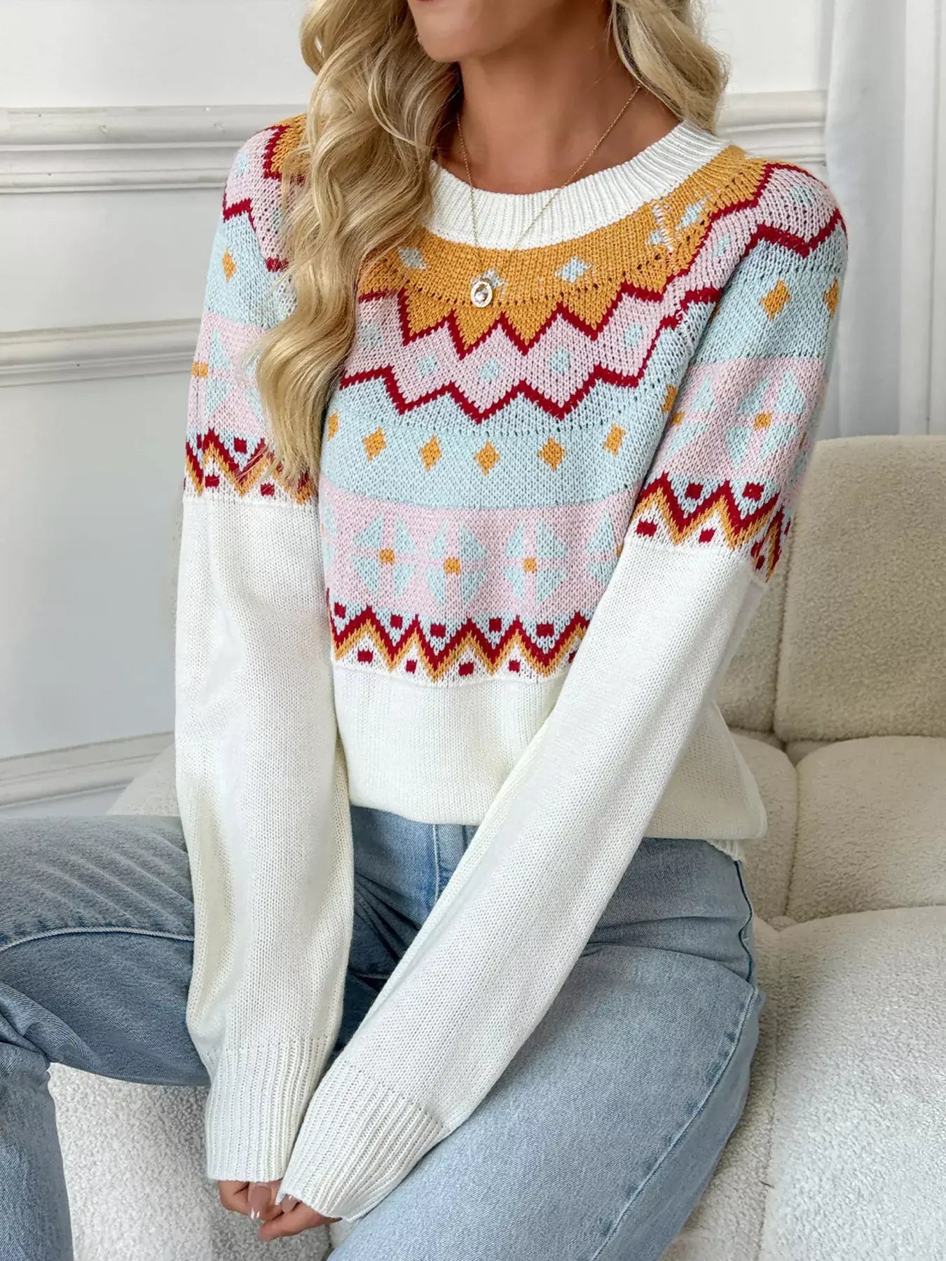 Contrast Round Neck Long Sleeve Sweater - Trendsi - Flyclothing LLC