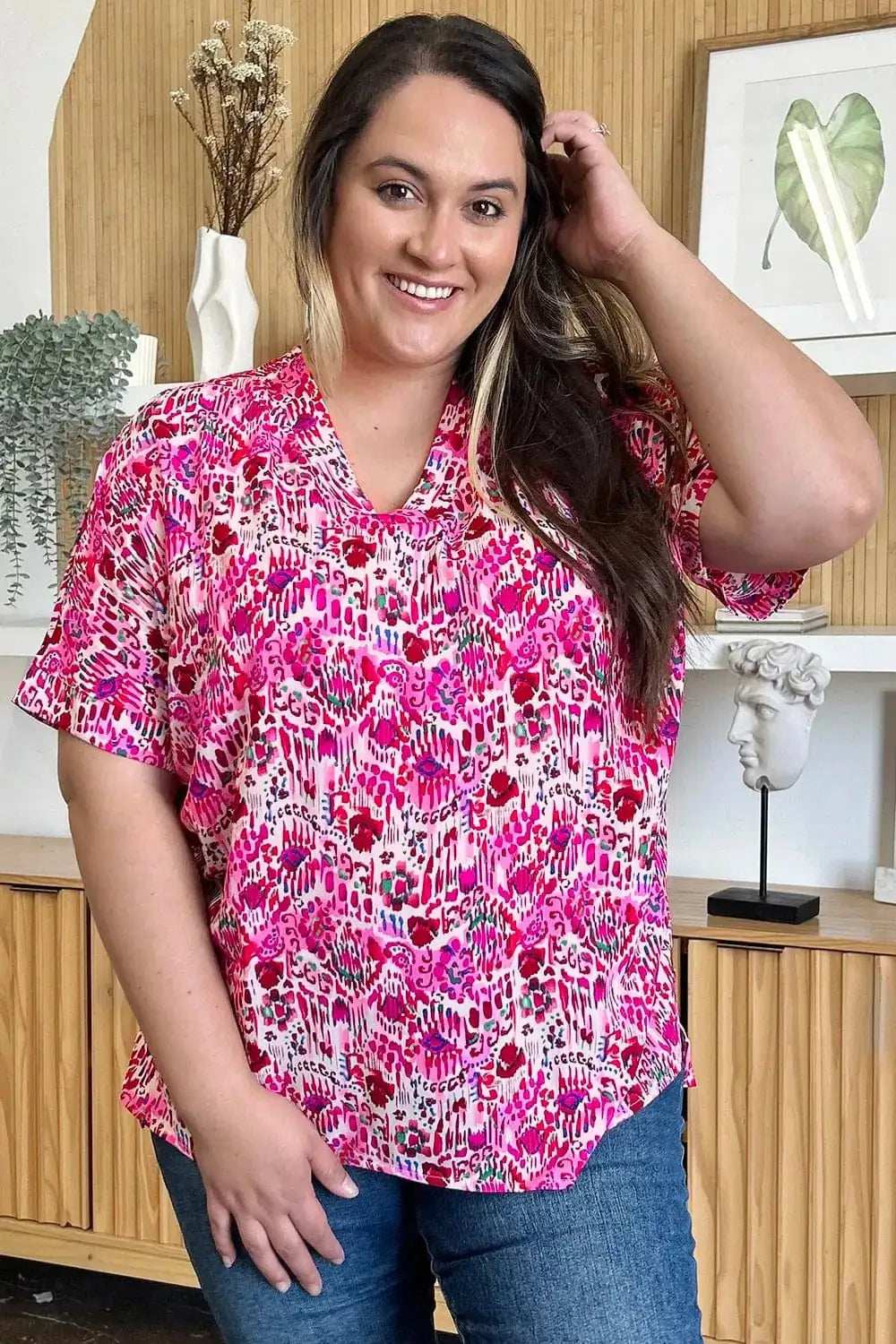 Double Take Full Size Printed V-Neck Short Sleeve Blouse - Trendsi - Flyclothing LLC