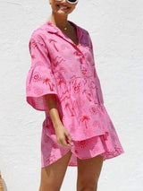 Button Detail Ruffled Hem Printed Mini Dress - Trendsi - Flyclothing LLC