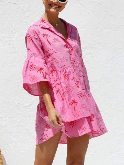 Button Detail Ruffled Hem Printed Mini Dress - Trendsi - Flyclothing LLC