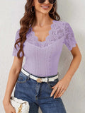Lace Trim Eyelet Embroidered Summer T-Shirt - Trendsi - Flyclothing LLC