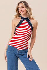 BiBi Stripe Jersey with Star Halter Neck with Tie Back - Trendsi - Flyclothing LLC