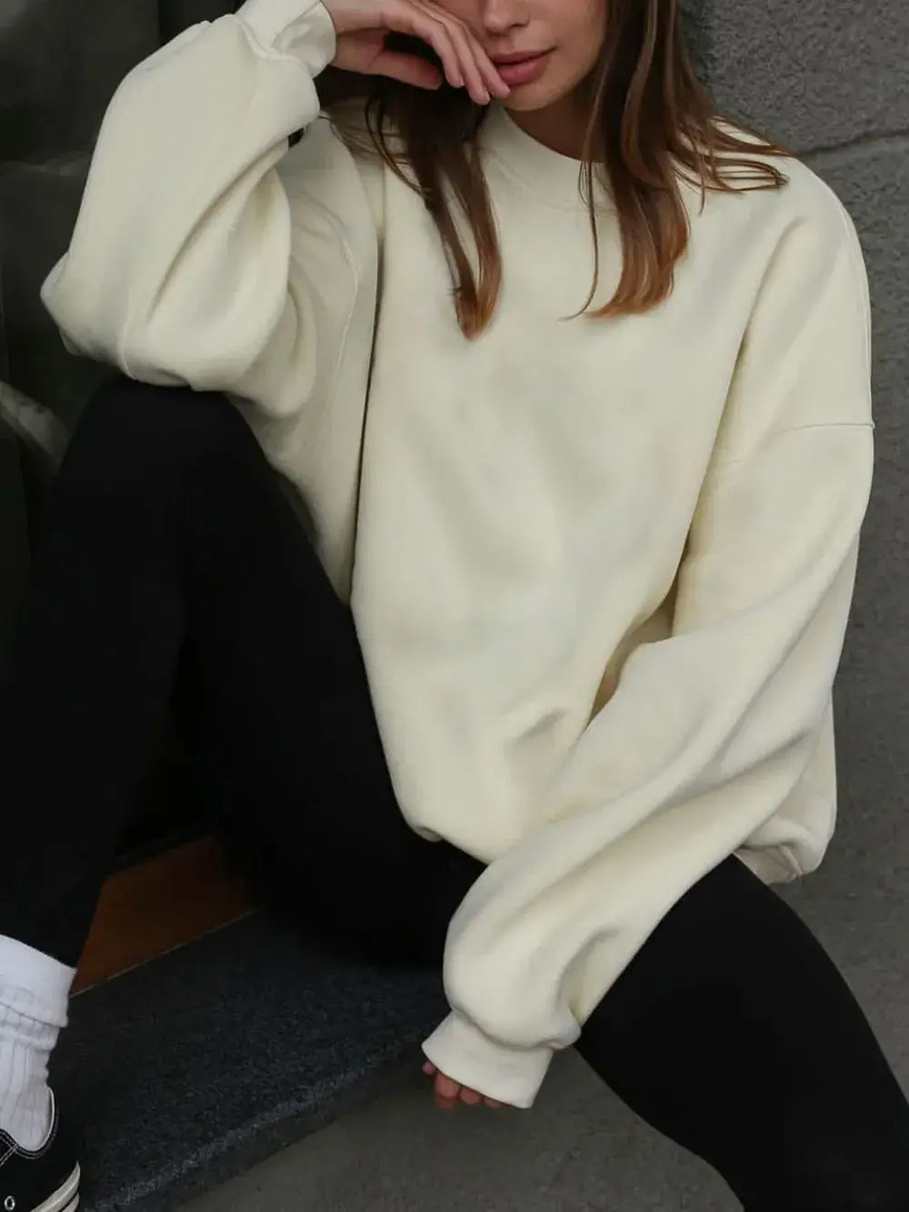 Round Neck Dropped Shoulder Long Sleeve Sweatshirt - Trendsi - Flyclothing LLC