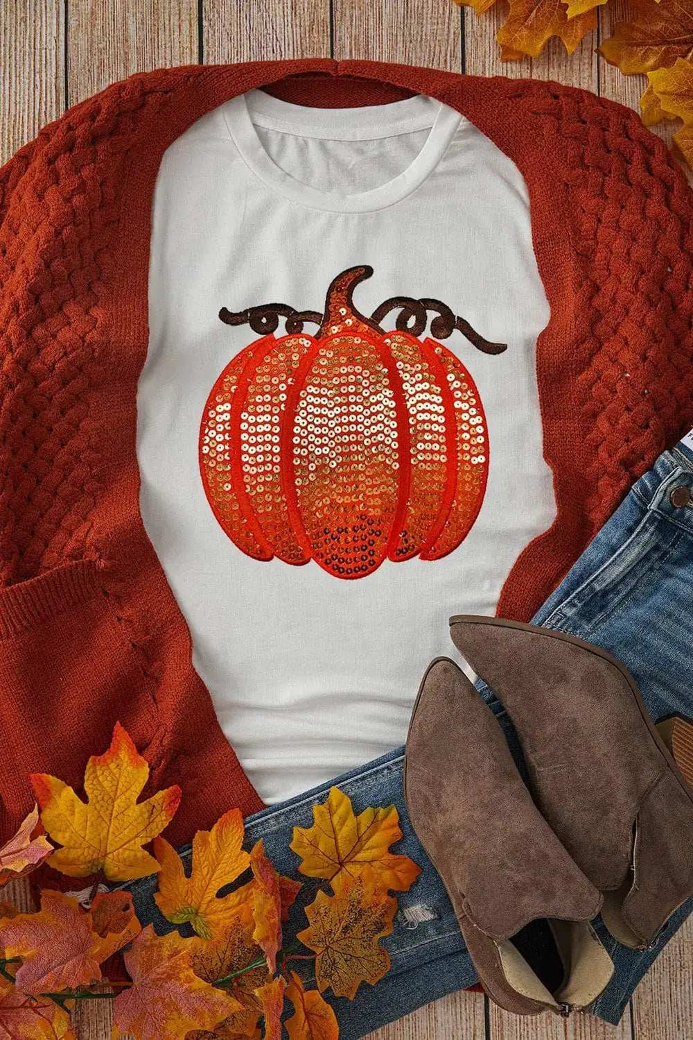 Full Size Sequin Pumpkin Round Neck Short Sleeve T-Shirt - Trendsi - Flyclothing LLC