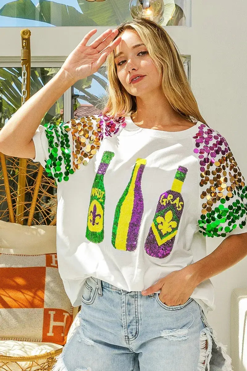 BiBi Sequin Mardi Gras Bottles Spangled Sleeve Top - Trendsi - Flyclothing LLC