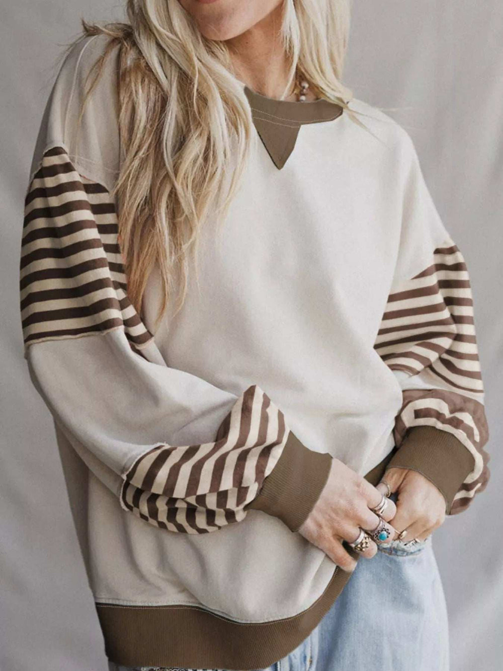 Contrast Striped Long Sleeve Sweatshirt - Trendsi - Flyclothing LLC