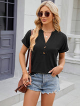 Decorative Button Notched Short Sleeve T-Shirt - Trendsi - Flyclothing LLC