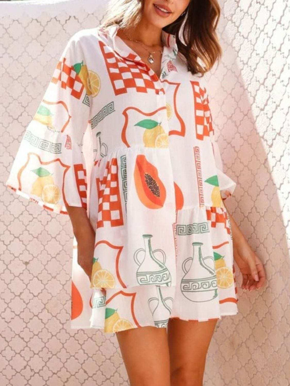 Printed Three-Quarter Sleeve Mini Dress - Trendsi - Flyclothing LLC