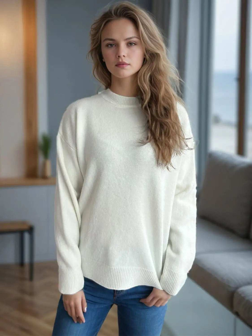 Round Neck Drop Shoulder Long Sleeve Sweater - Trendsi - Flyclothing LLC