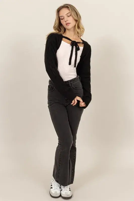 HYFVE Cable-Knit Tie-Front Shrug - Trendsi - Flyclothing LLC
