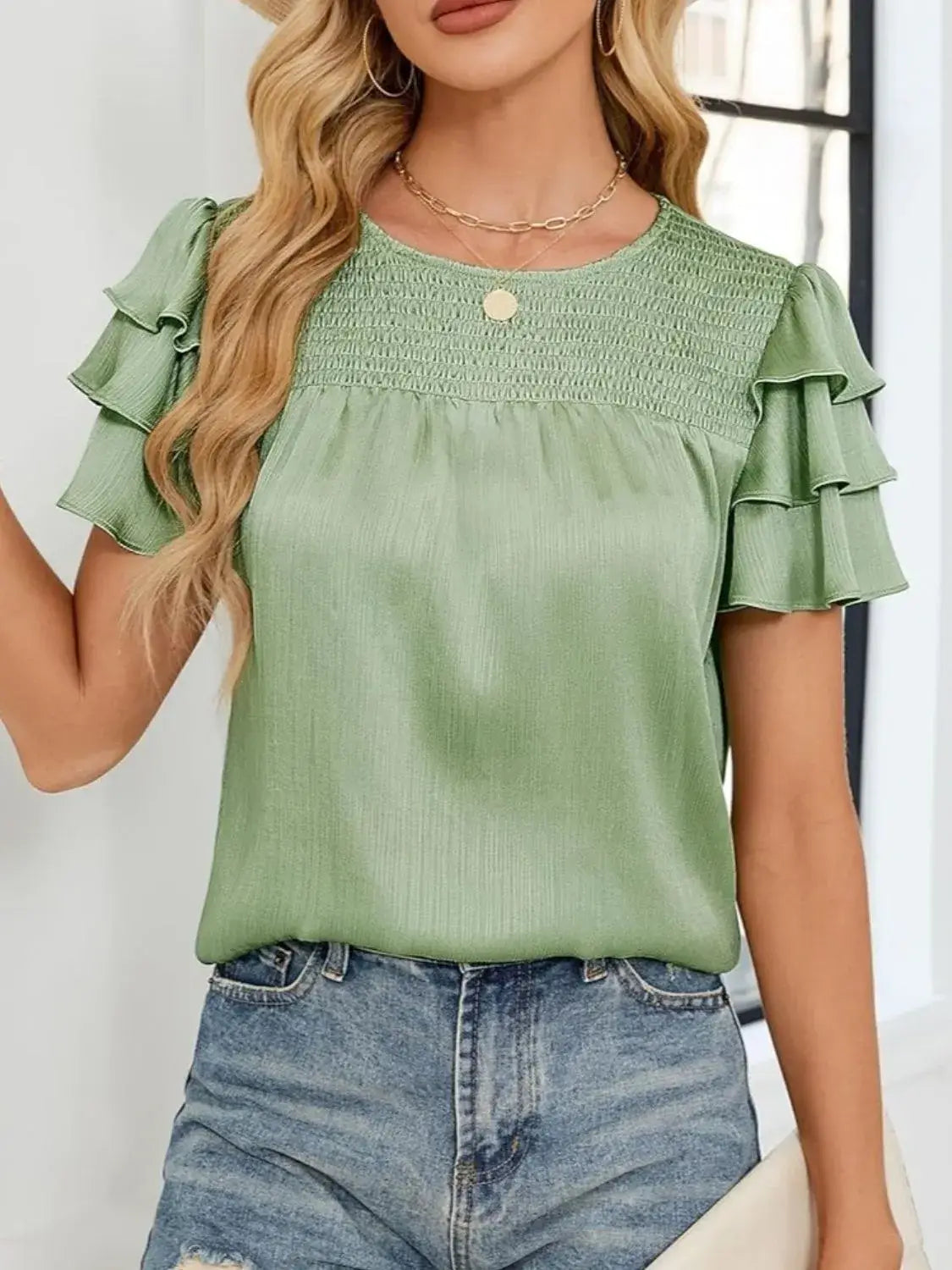 Smocked Round Neck Ruffled Layered Sleeve Blouse - Trendsi - Flyclothing LLC