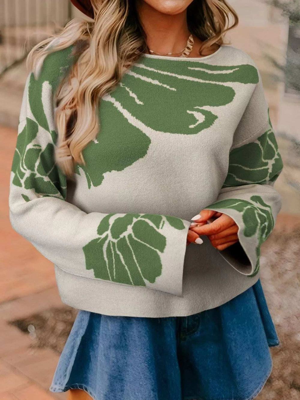 Leaf Round Neck Long Sleeve Sweater - Trendsi - Flyclothing LLC