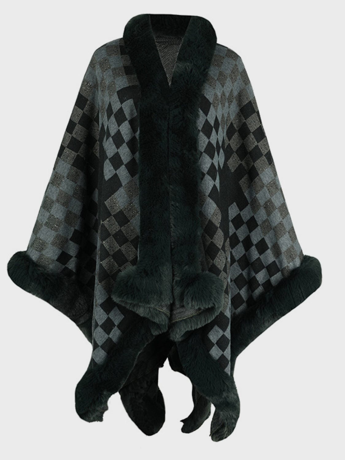 Fuzzy Checkered Long Sleeve Poncho - Trendsi