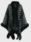Fuzzy Checkered Long Sleeve Poncho - Trendsi