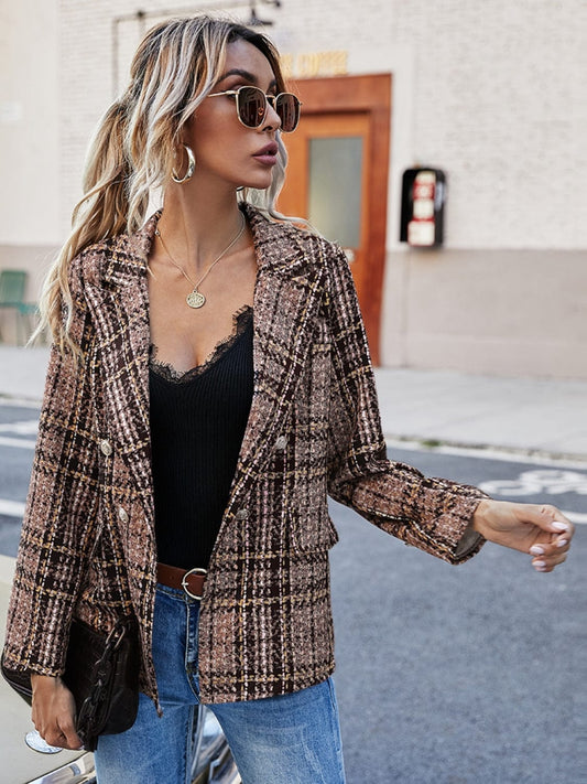 Full Size Plaid Lapel Collar Blazer - Trendsi