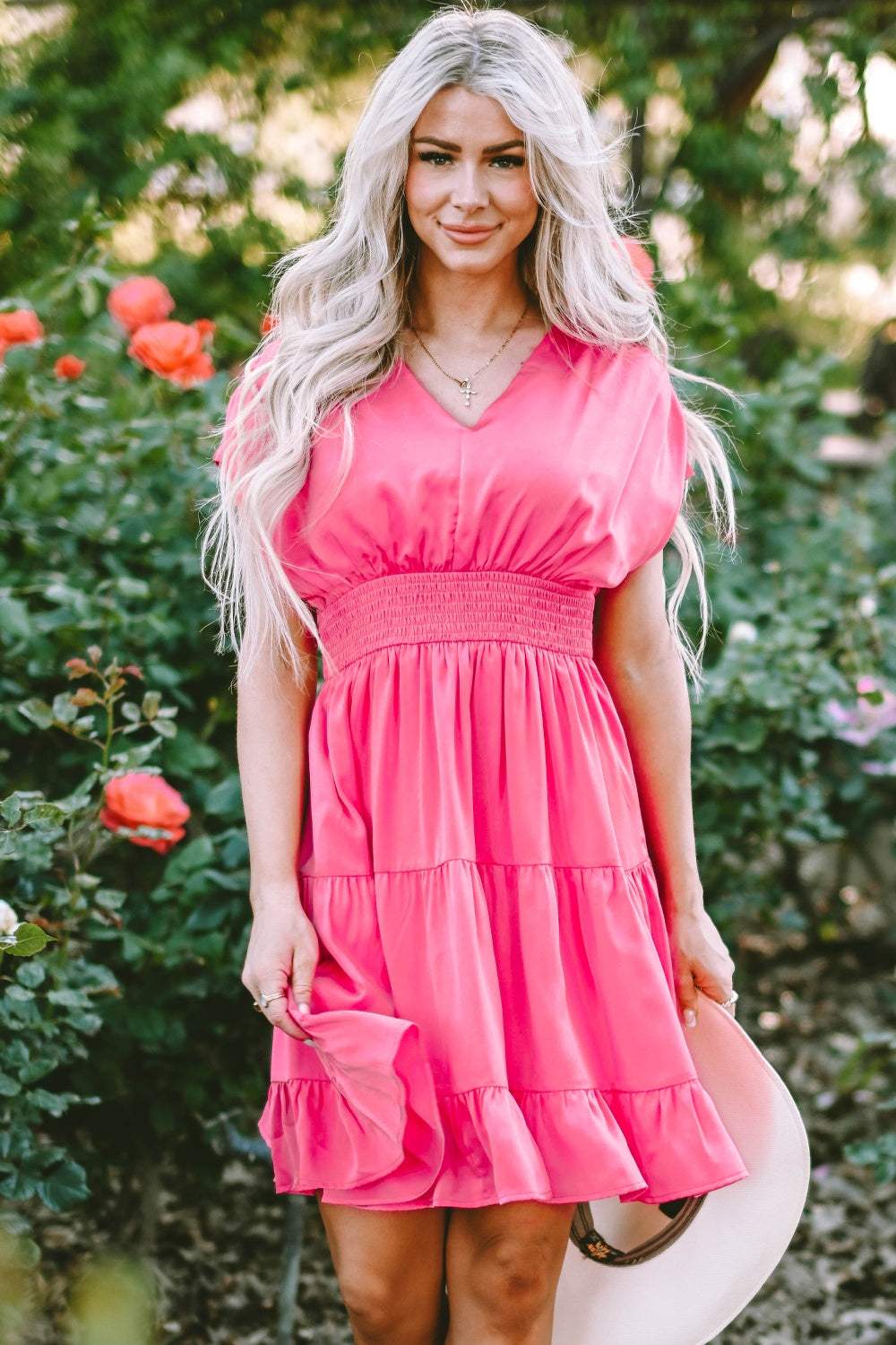 Smocked V-Neck Cap Sleeve Dress - Trendsi - Flyclothing LLC