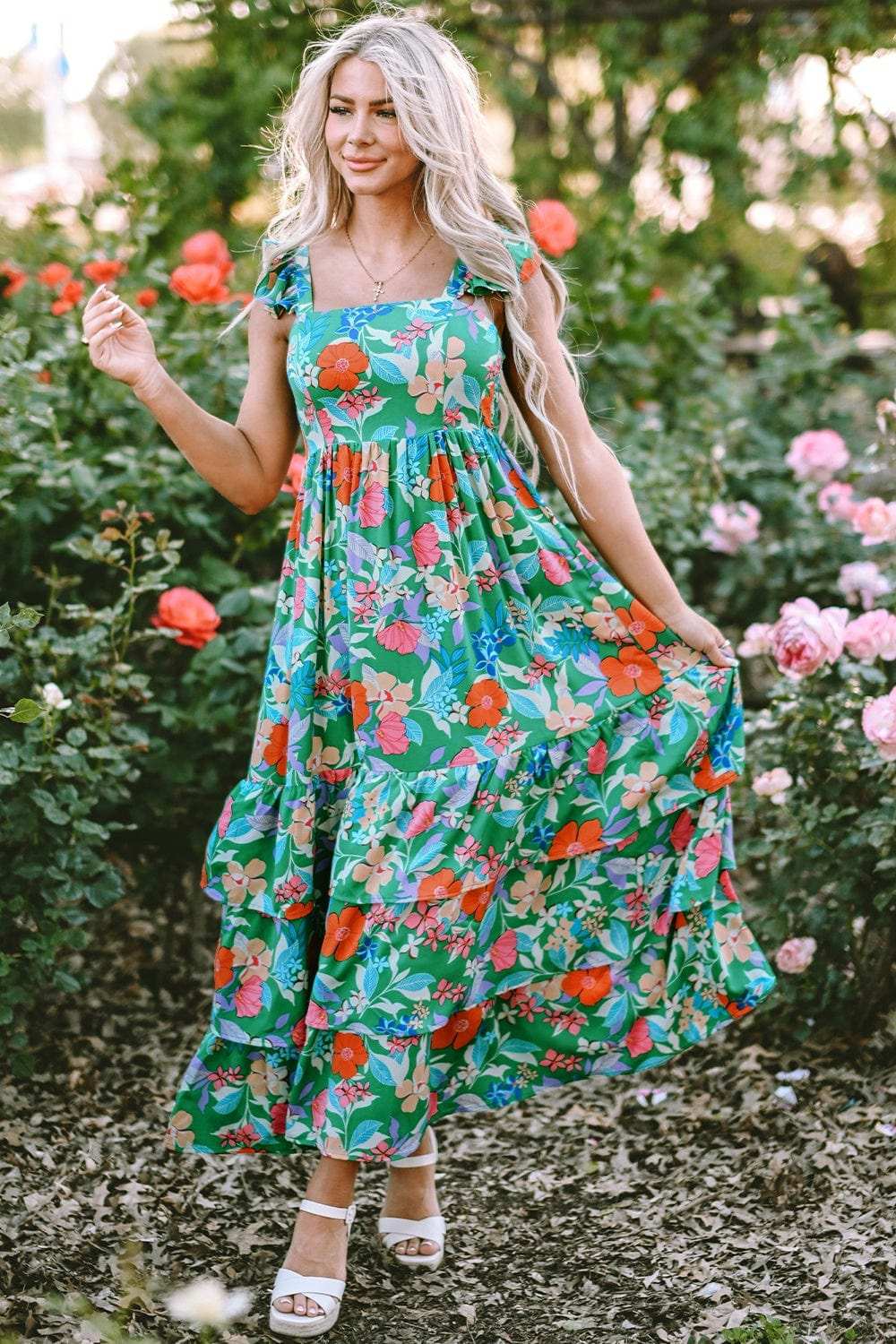 Tiered Ruffled Printed Sleeveless Dress - Trendsi - Flyclothing LLC