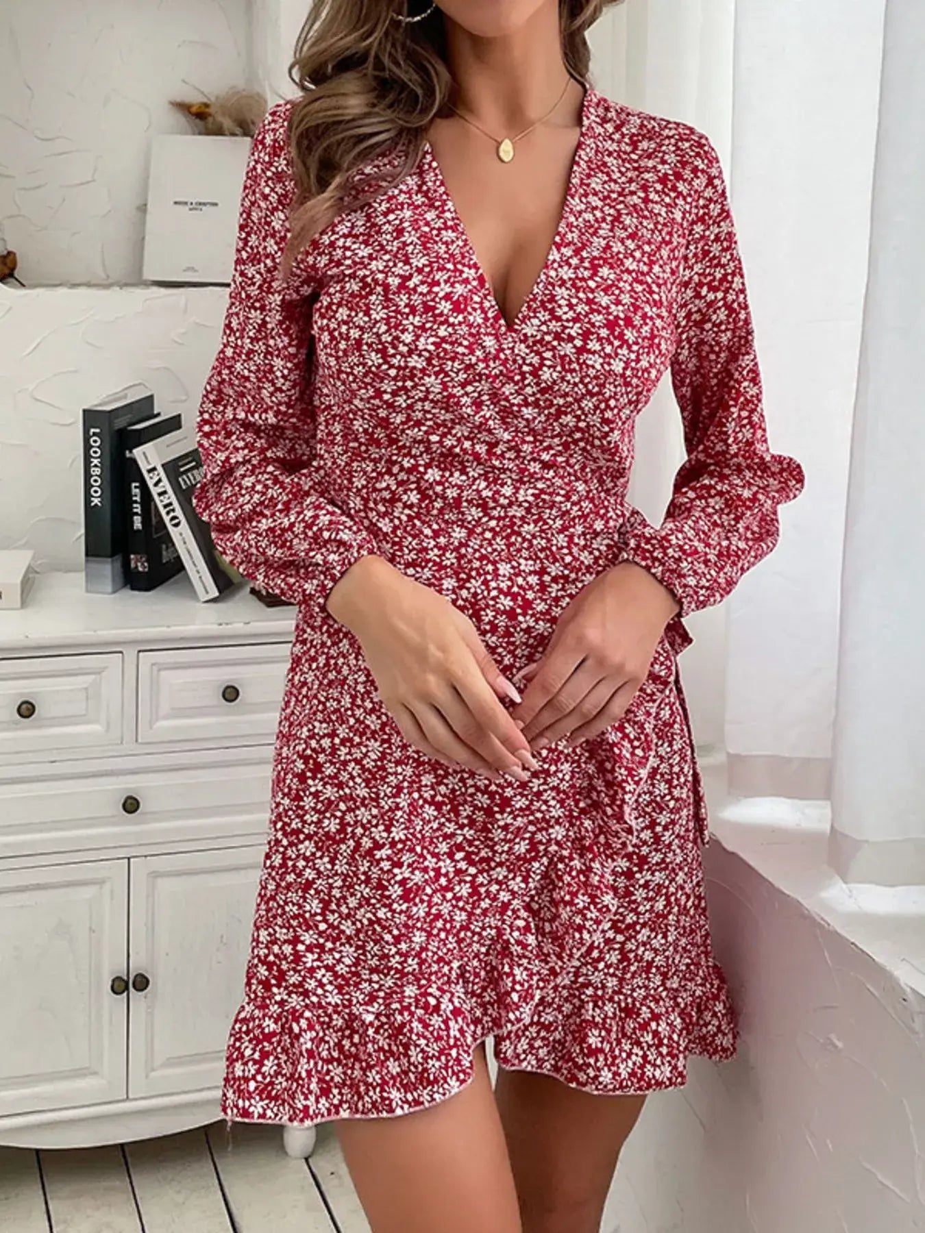 Floral Print Wrap Mini Dress - Trendsi - Flyclothing LLC
