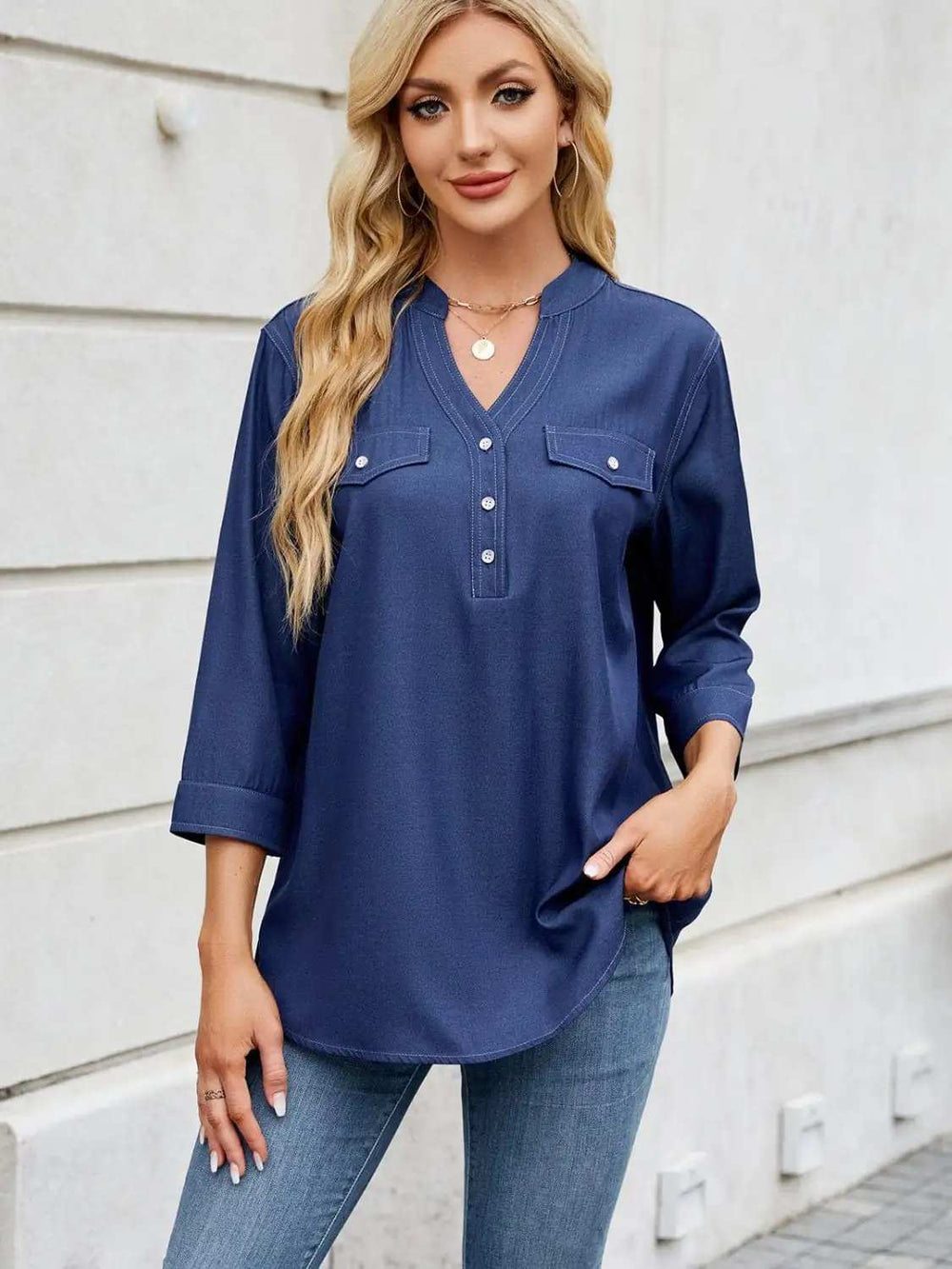 Notched Three-Quarter Sleeve Denim Top - Trendsi - Flyclothing LLC