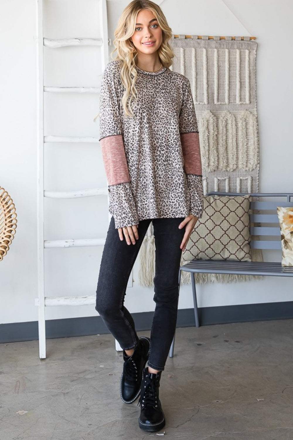 Heimish Full Size Leopard Exposed Seam Contrast T-Shirt - Trendsi - Flyclothing LLC