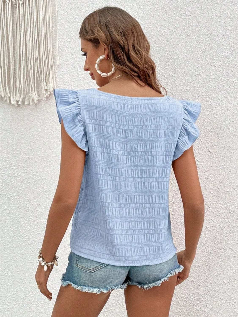Ruffled Square Neck Cap Sleeve Blouse - Trendsi - Flyclothing LLC