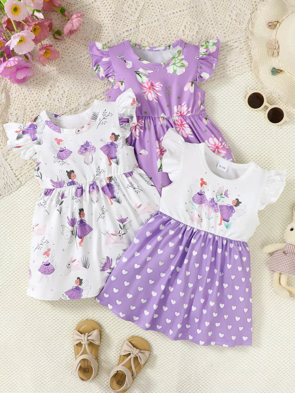 3-Piece Children's Printed Ruffle Sleeve Baby Dress - Trendsi - Flyclothing LLC