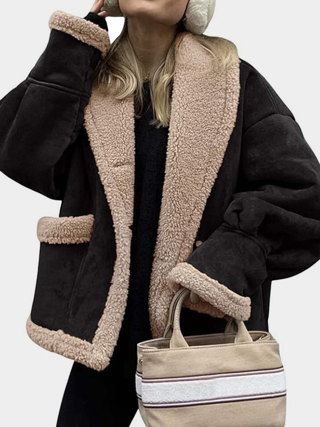 Fuzzy Collared Neck Long Sleeve Jacket - Trendsi - Flyclothing LLC