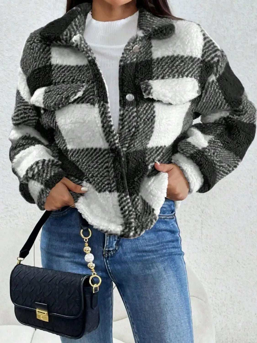 Decorative Pocket Flap Plaid Long Sleeve Jacket - Trendsi - Flyclothing LLC