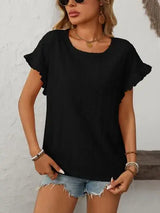 Mandy Eyelet Round Neck Short Sleeve Top - Trendsi - Flyclothing LLC
