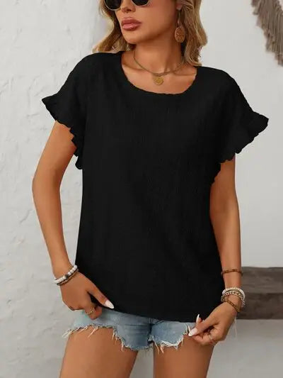 Mandy Eyelet Round Neck Short Sleeve Top - Trendsi - Flyclothing LLC