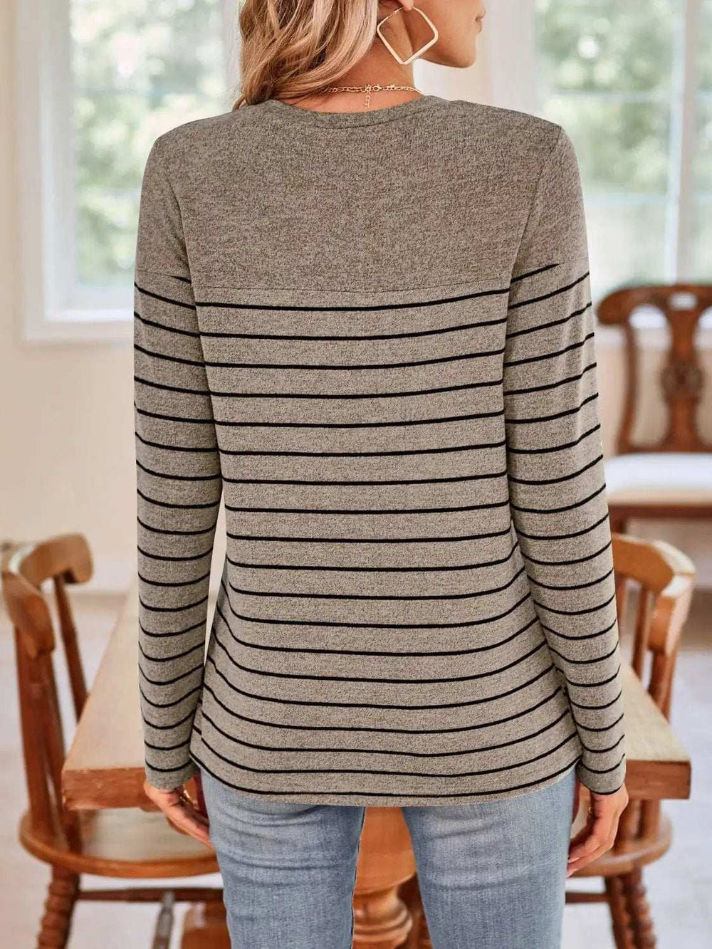Lovelet Quarter Button Striped Round Neck Long Sleeve T-Shirt - Trendsi - Flyclothing LLC