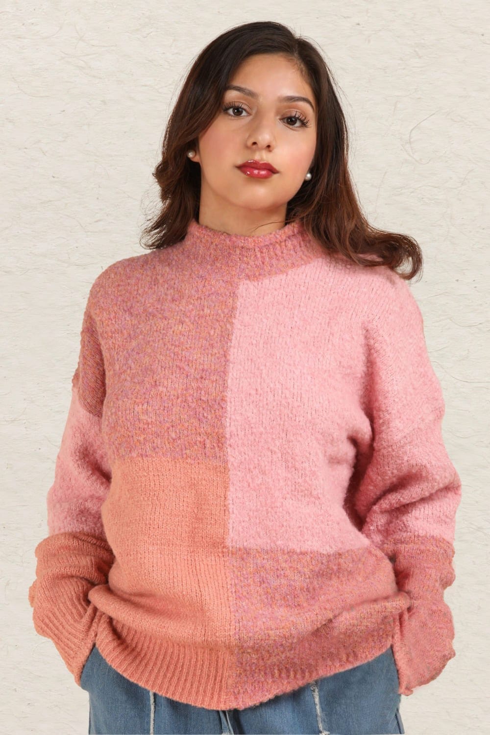 VERY J Color Block Mock Neck Drop Shoulder Sweater - Trendsi