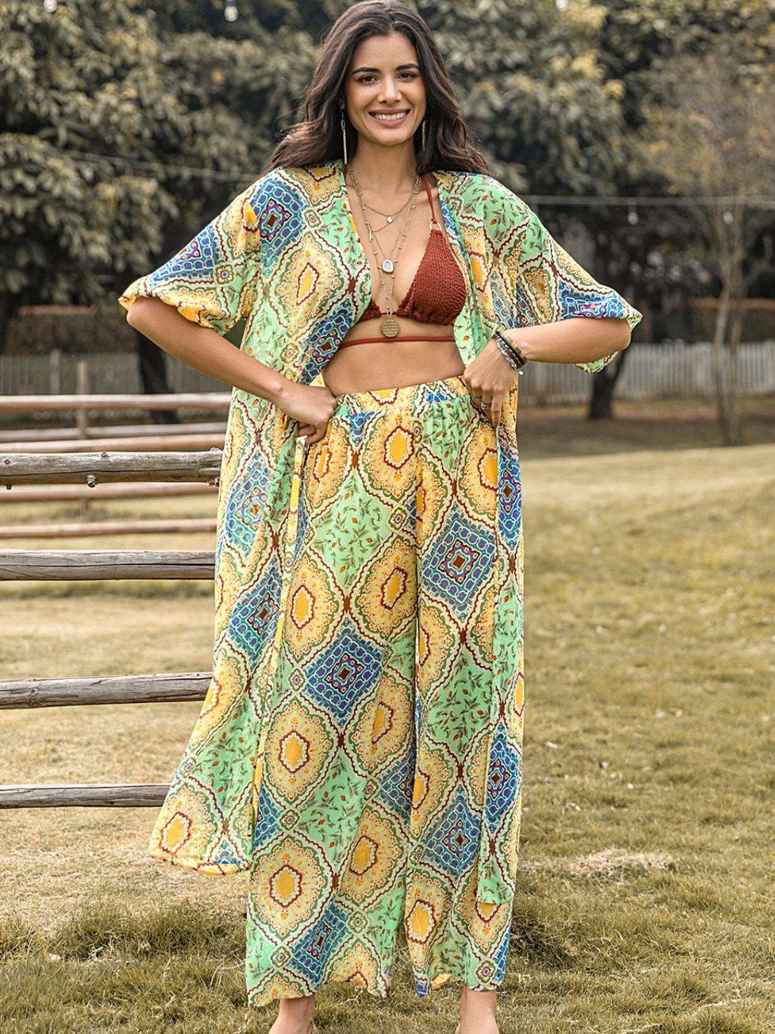 Printed Half Sleeve Top and Wide Leg Pants Set - Trendsi - Flyclothing LLC
