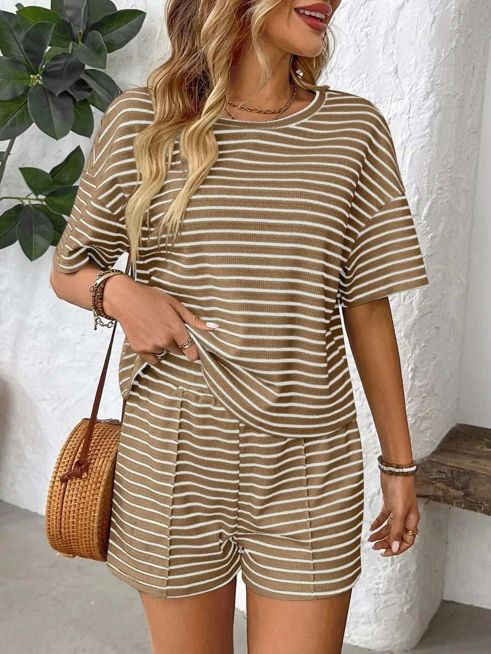 Striped Round Neck Short Sleeve Top and Shorts Set - Trendsi - Flyclothing LLC