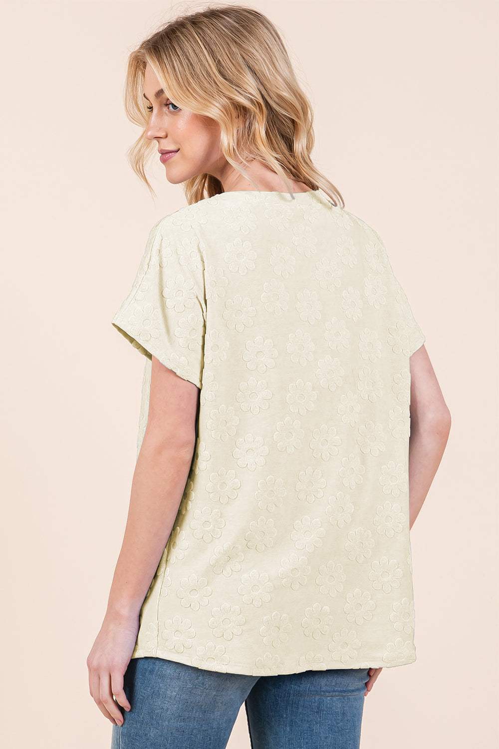 BOMBOM Textured Floral Pattern Short Sleeve T-Shirt - Trendsi - Flyclothing LLC
