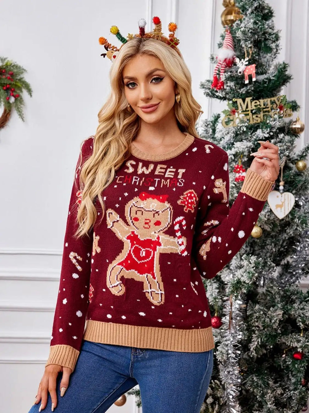 Gingerbread Round Neck Long Sleeve Sweater - Trendsi