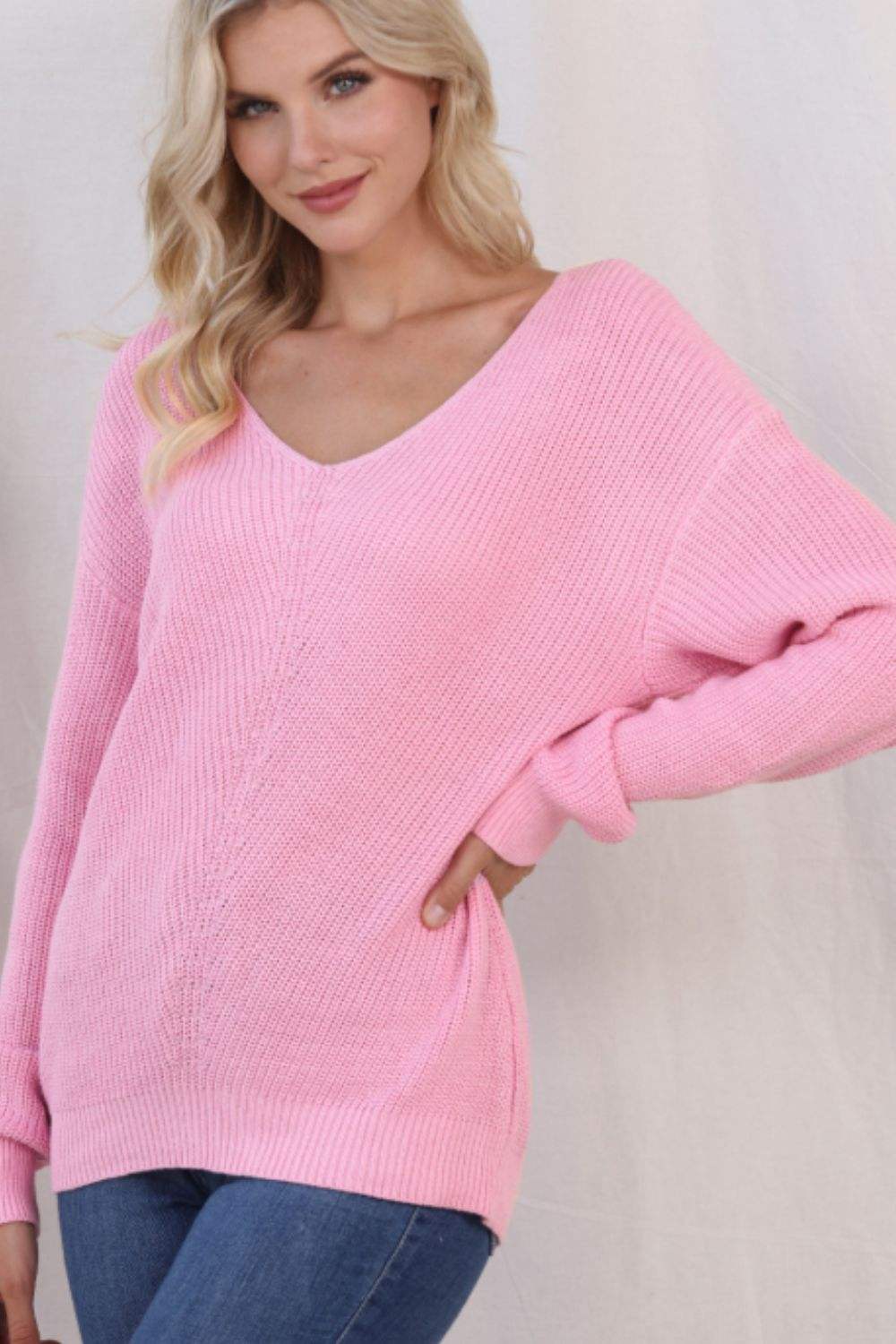 V-Neck Drop Shoulder Sweater - Trendsi - Flyclothing LLC