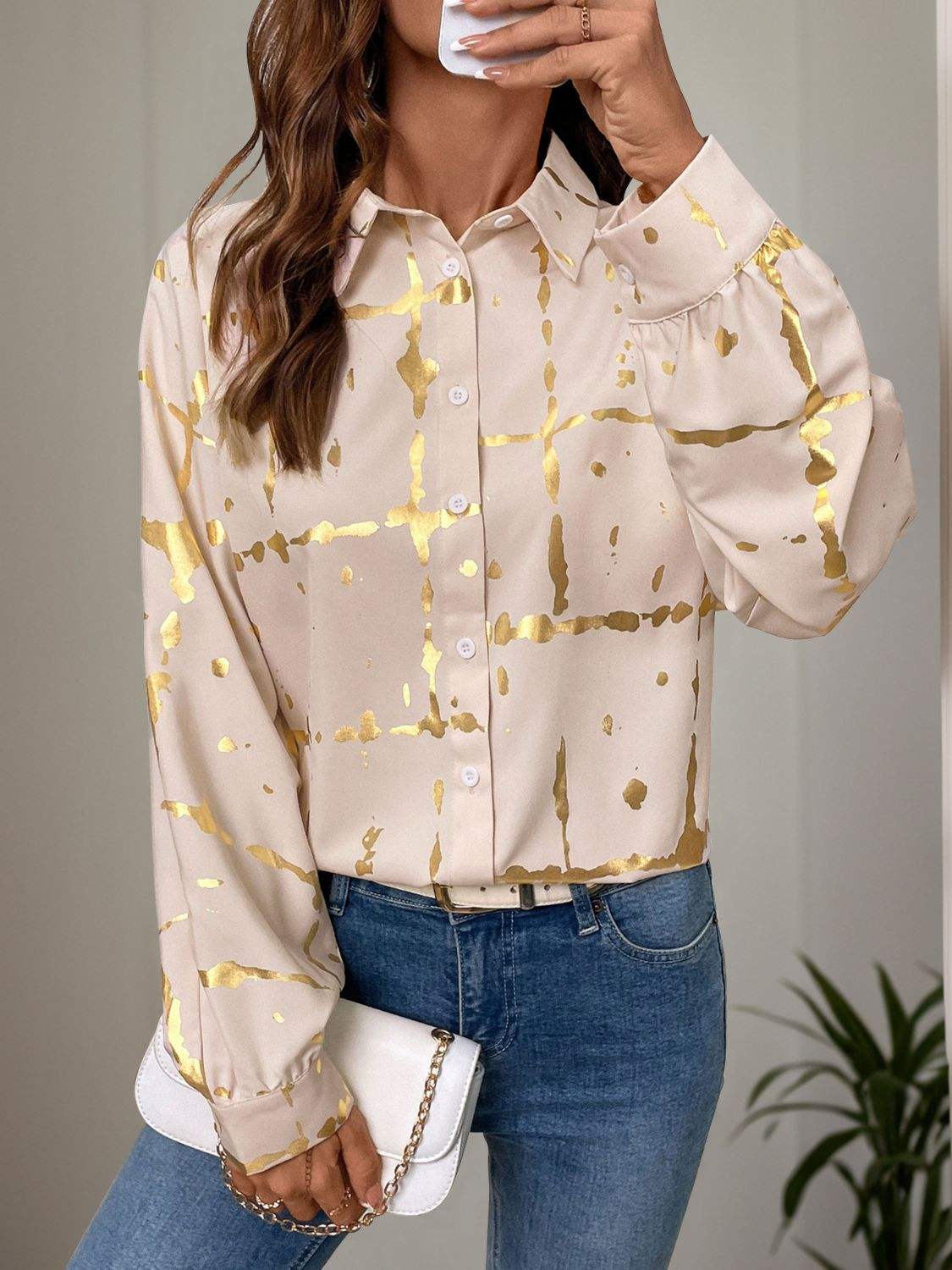 Perfee Printed Collared Neck Long Sleeve Shirt - Trendsi - Flyclothing LLC