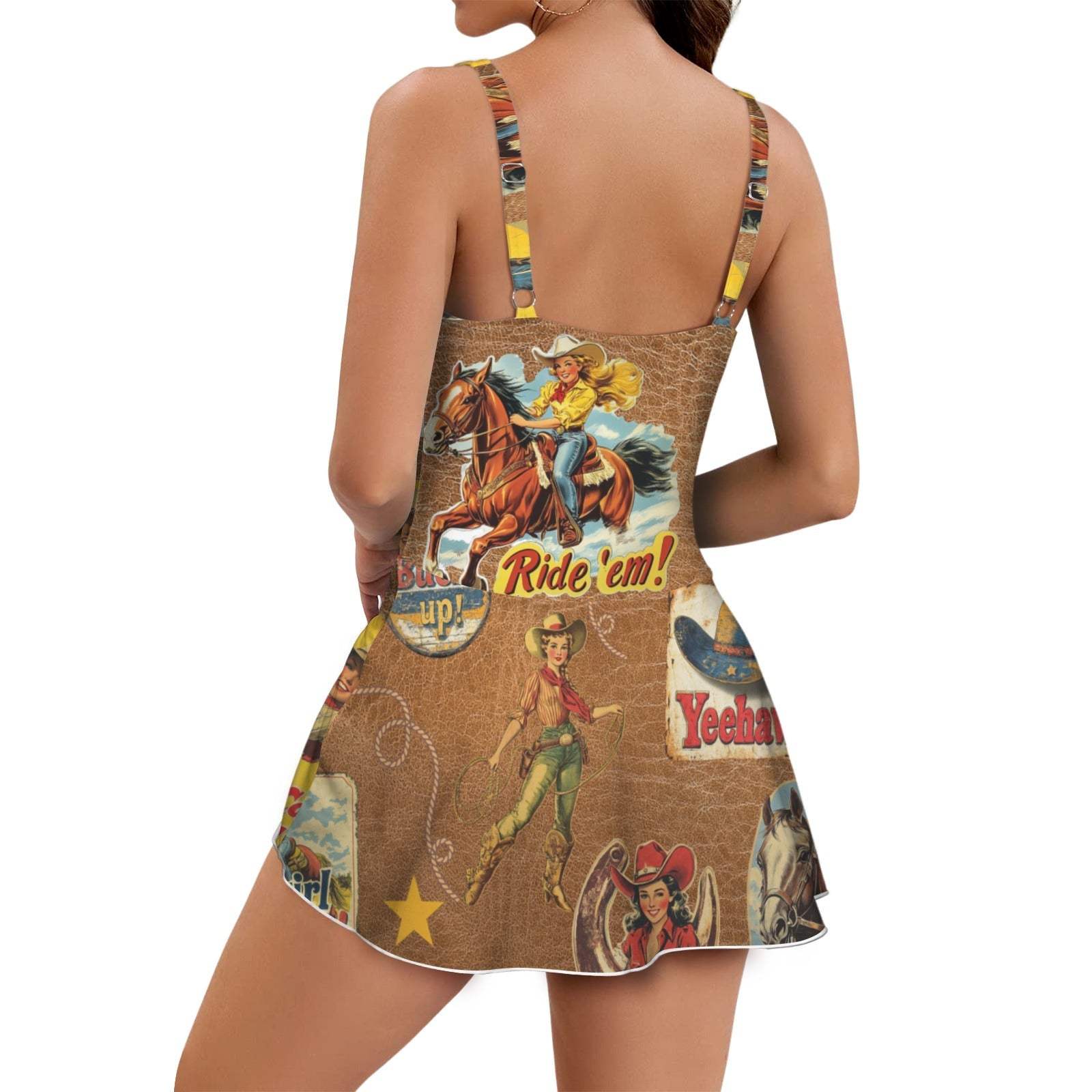 Baha Ranch Vintage Cowgirl Collage Skirted Swim Suit - Baha Ranch Western Wear - Flyclothing LLC