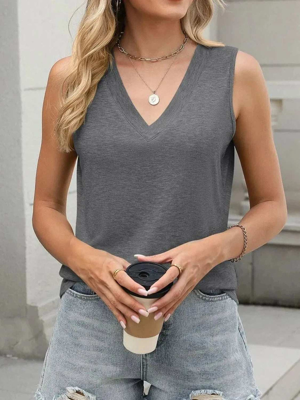 Classic V-Neck Sleeveless Tank Top - Trendsi - Flyclothing LLC