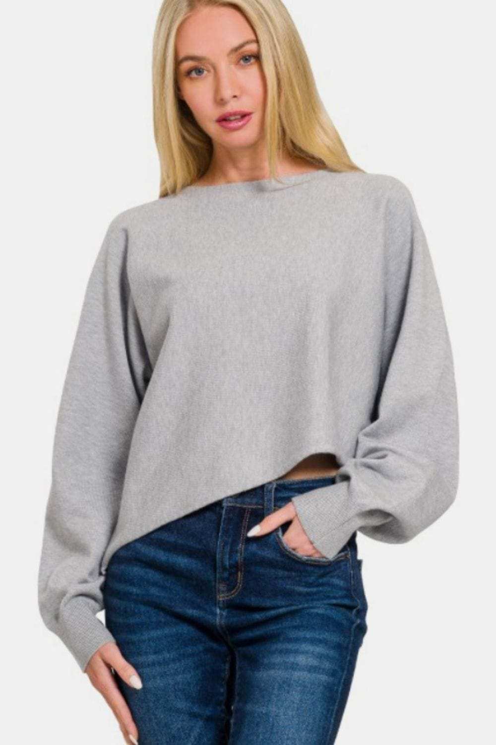 Zenana Asymmetric Hem Long Sleeve Sweater - Trendsi - Flyclothing LLC